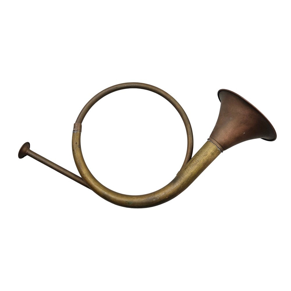 Vintage Brass Hunting Horn Loop Signal Bugle Unmarked Rustic Patina Decor 14"